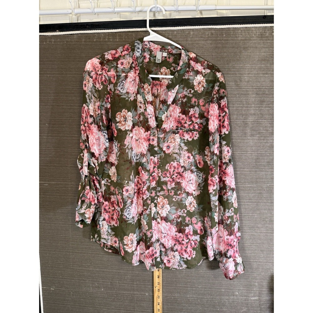 KUT from the Kloth Floral Sheer Blouse, Size Medium Olive Green Pink